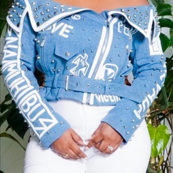 For Her NYC Belted Off-shoulder Studded Denim/Leopard Print Jacket Size 2X - Picture 3 of 15